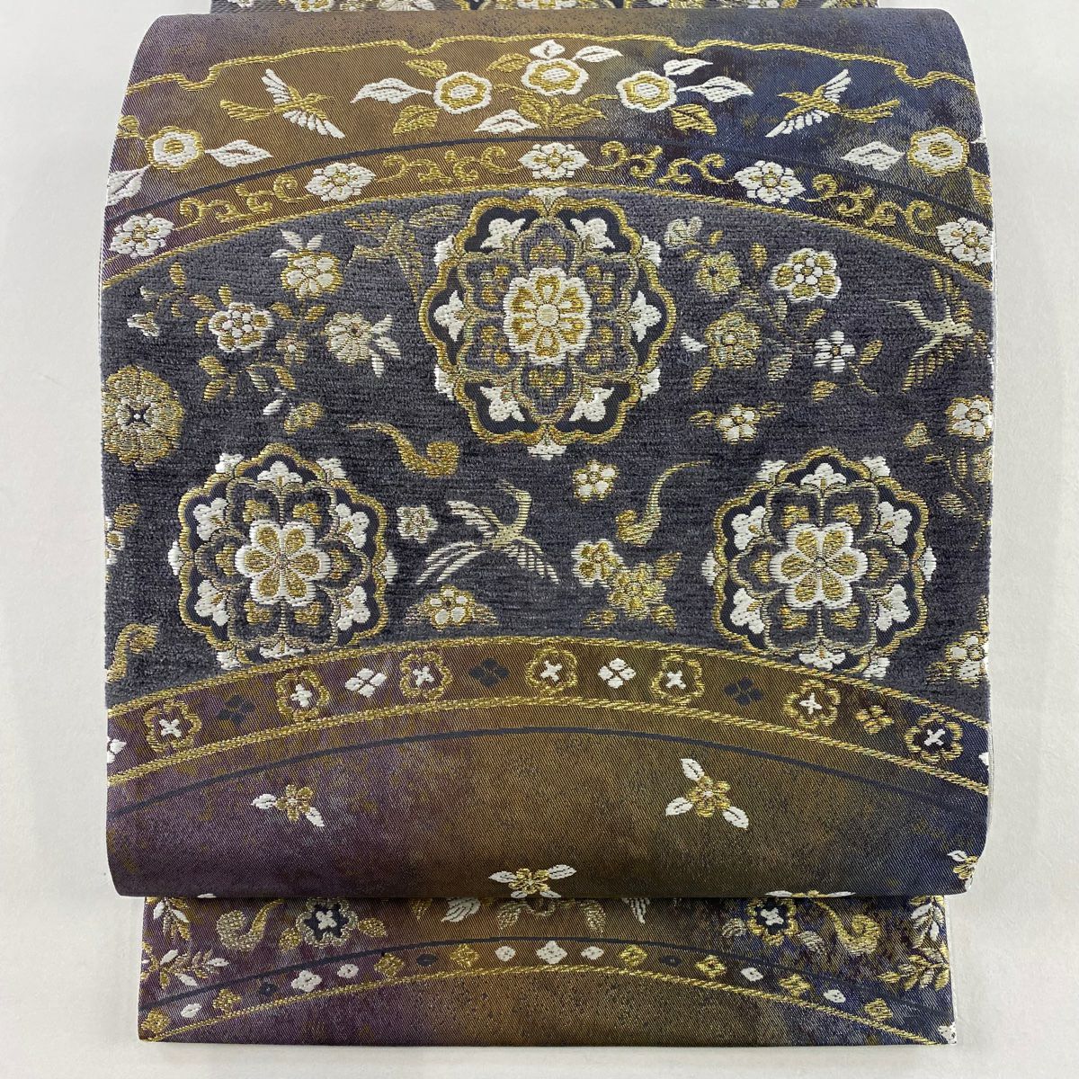 【美品】 袋帶 秀品級 華紋 花鳥 金絲 刺繡 青紫 六通 純蠶絲