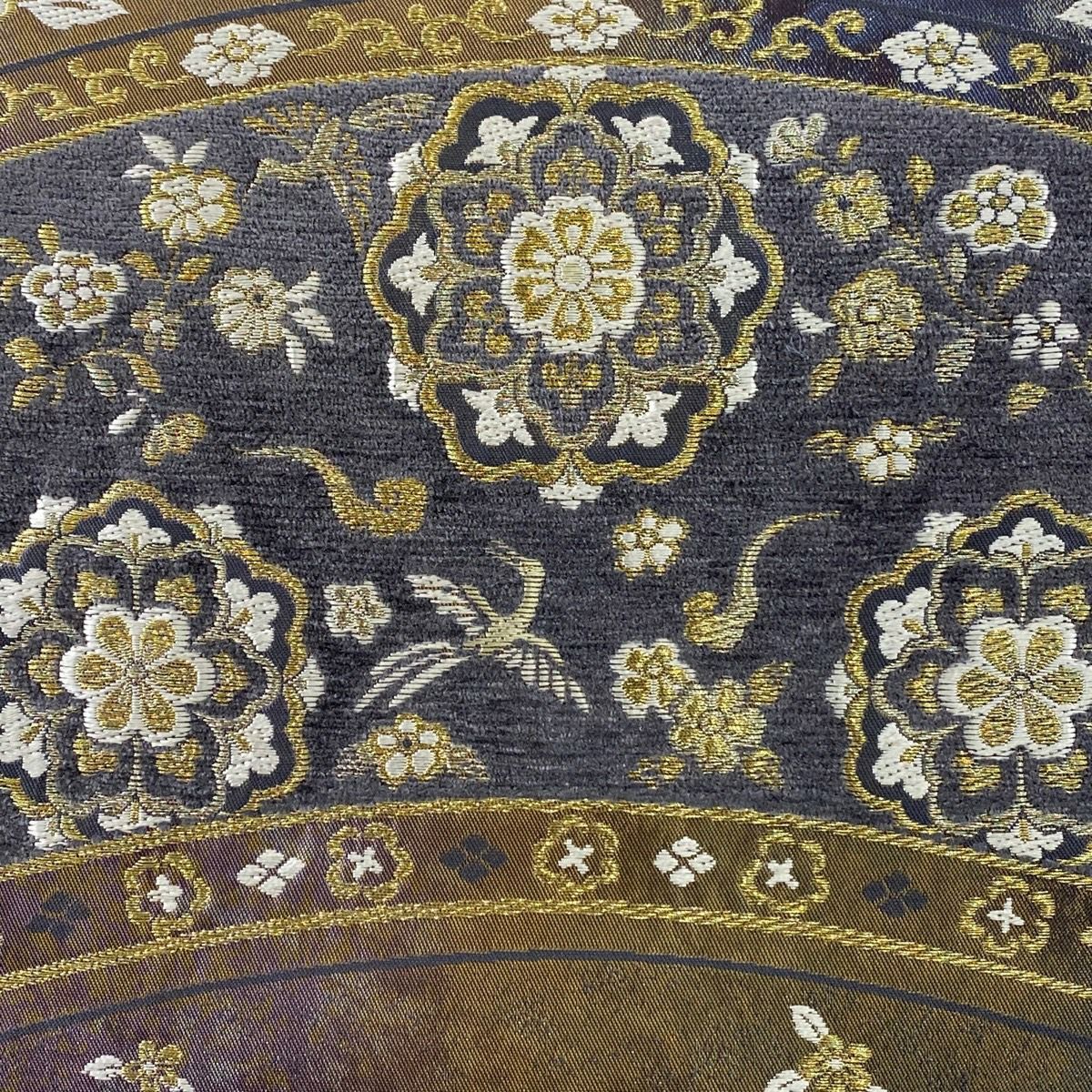 【美品】 袋帶 秀品級 華紋 花鳥 金絲 刺繡 青紫 六通 純蠶絲