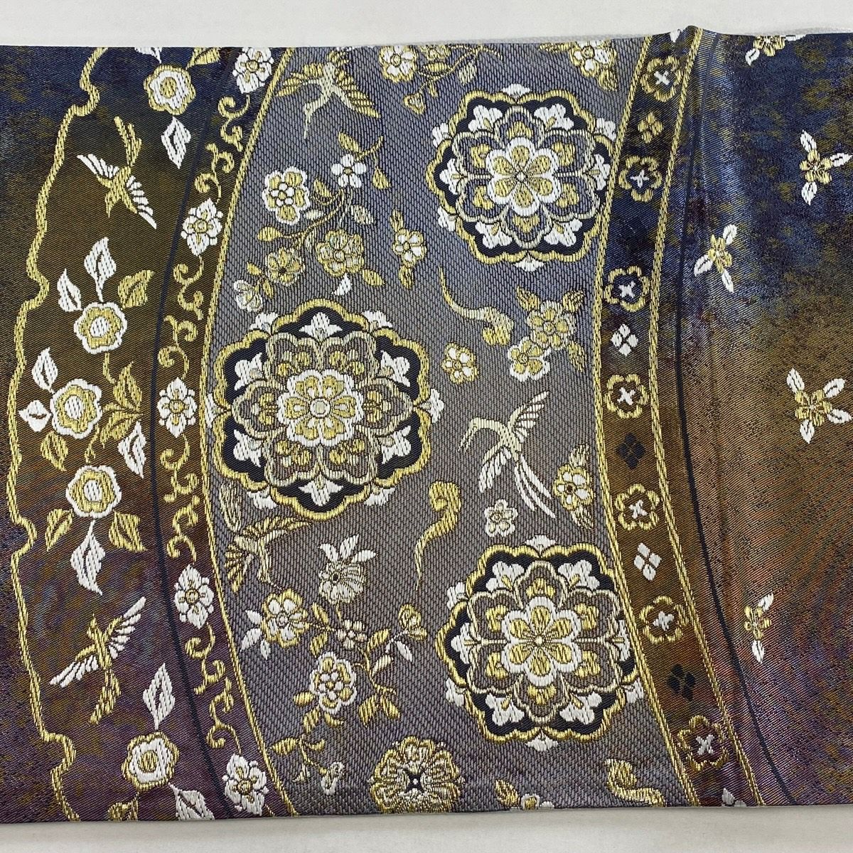 【美品】 袋帶 秀品級 華紋 花鳥 金絲 刺繡 青紫 六通 純蠶絲