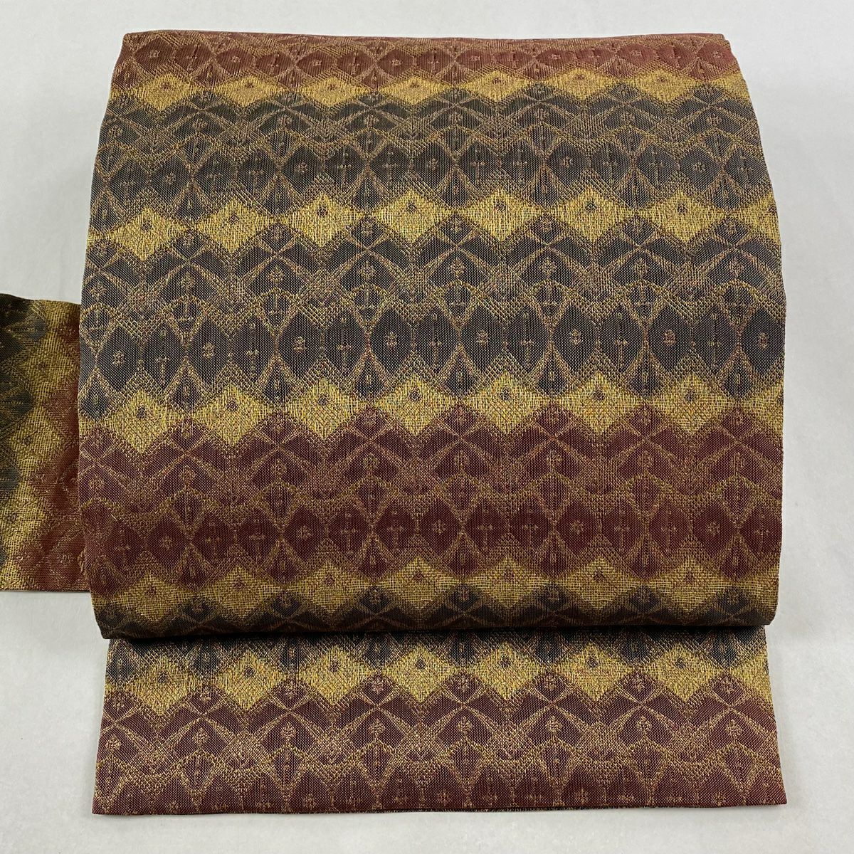 【美品】名古屋帶 秀品級 幾何學 小花 金金箔 紅茶 純蠶絲