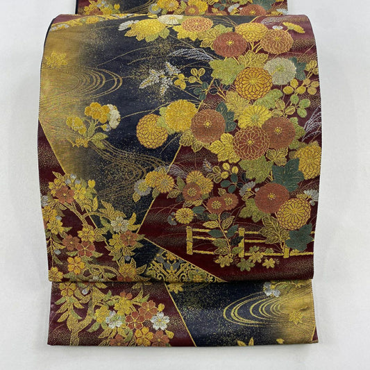 袋帶 秀品級 瑞寶蒔繪紋 金絲 金金箔 深紅 六通 純蠶絲