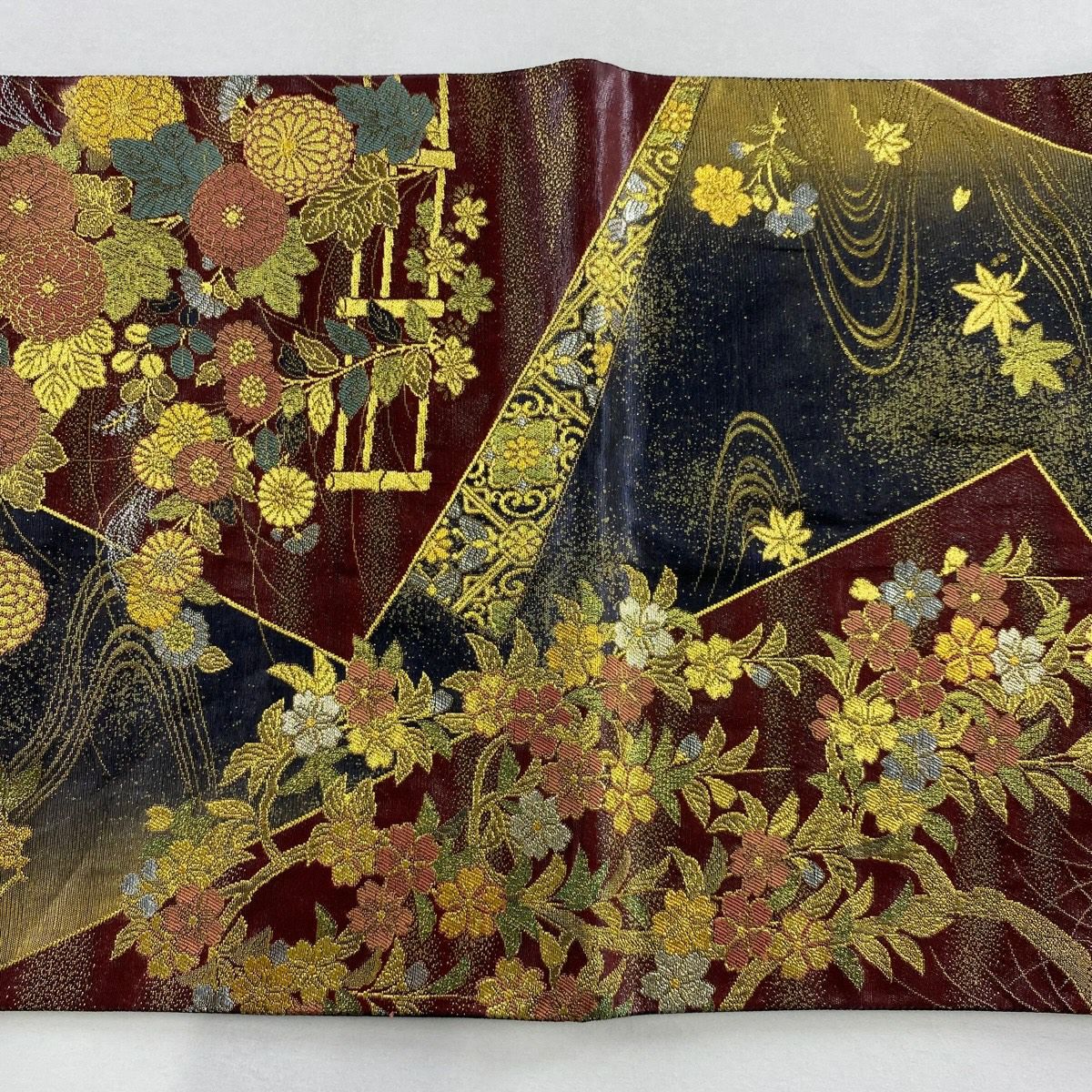 袋帶 秀品級 瑞寶蒔繪紋 金絲 金金箔 深紅 六通 純蠶絲