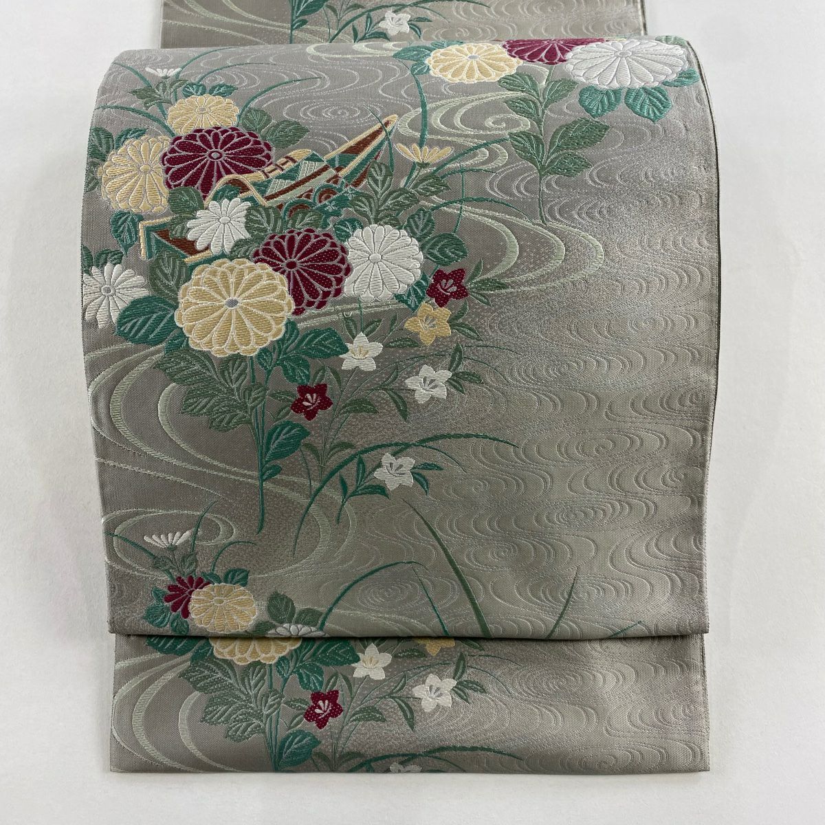 袋帶 秀品級 舟 菊花 唐織 灰 深藍 六通 純蠶絲