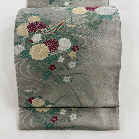 袋帶 秀品級 舟 菊花 唐織 灰 深藍 六通 純蠶絲