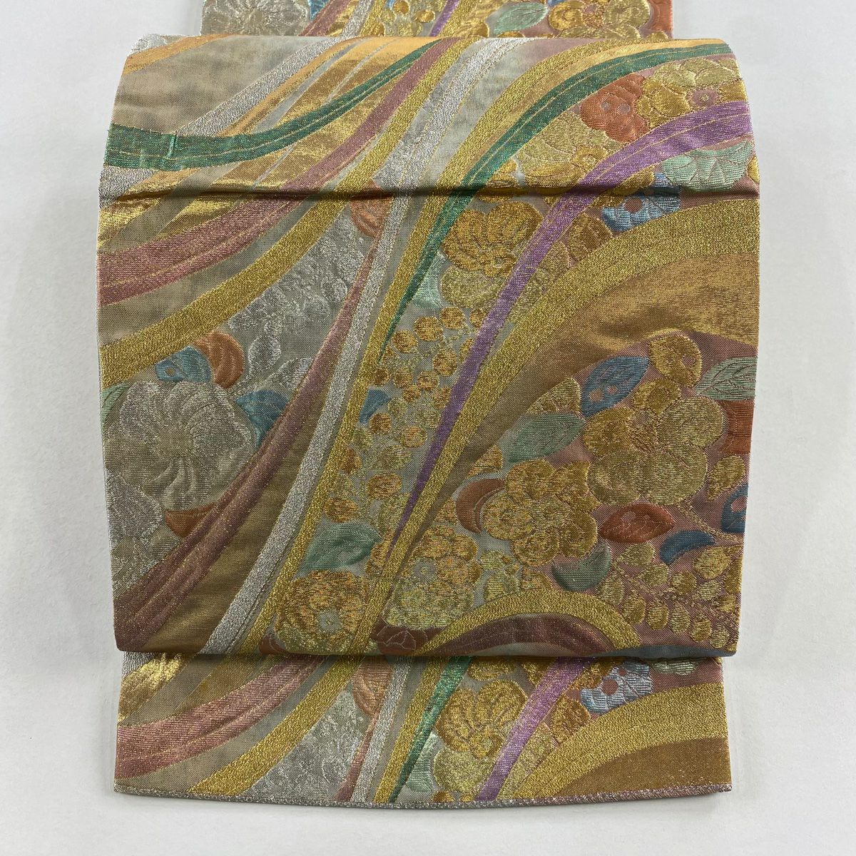袋帶 秀品級 草花紋紋 幾何學 金金箔 金銀彩 金色 六通 純蠶絲
