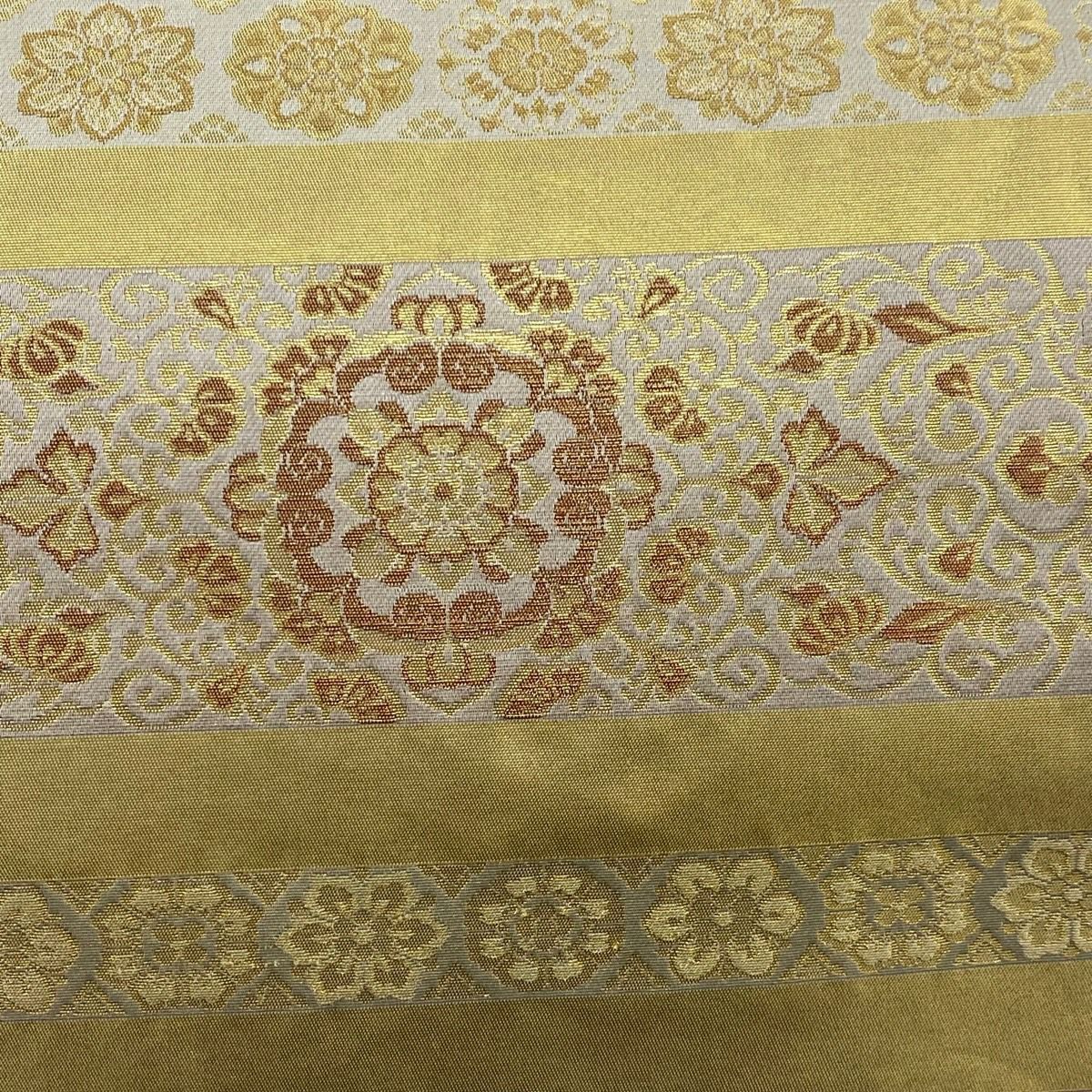 【美品】 袋帶 秀品級 明日香間道 本金金箔 金絲 金色 大鼓圖案 純蠶絲