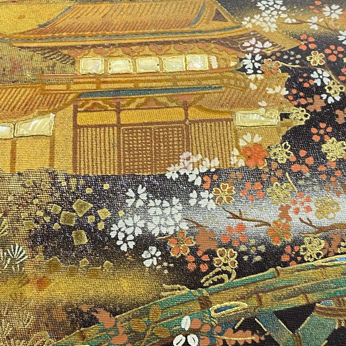 袋帶 名品級 建築 樹木 螺鈿 金金箔 金色 大鼓圖案 純蠶絲