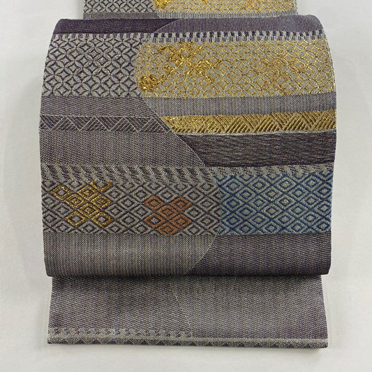 【美品】 袋帶 名品級 七寶紋 菱形 金金箔 銀線 紫色 六通 純蠶絲
