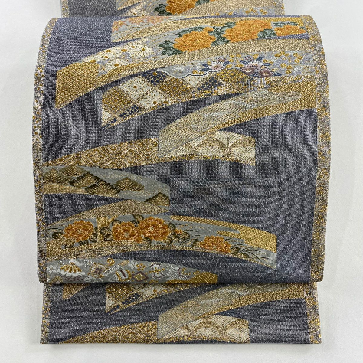 【美品】 袋帶 名品級 鈴乃屋 熨斗紋 寶盡くし 金絲 灰色 六通 純蠶絲