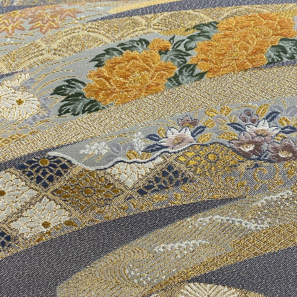 【美品】 袋帶 名品級 鈴乃屋 熨斗紋 寶盡くし 金絲 灰色 六通 純蠶絲