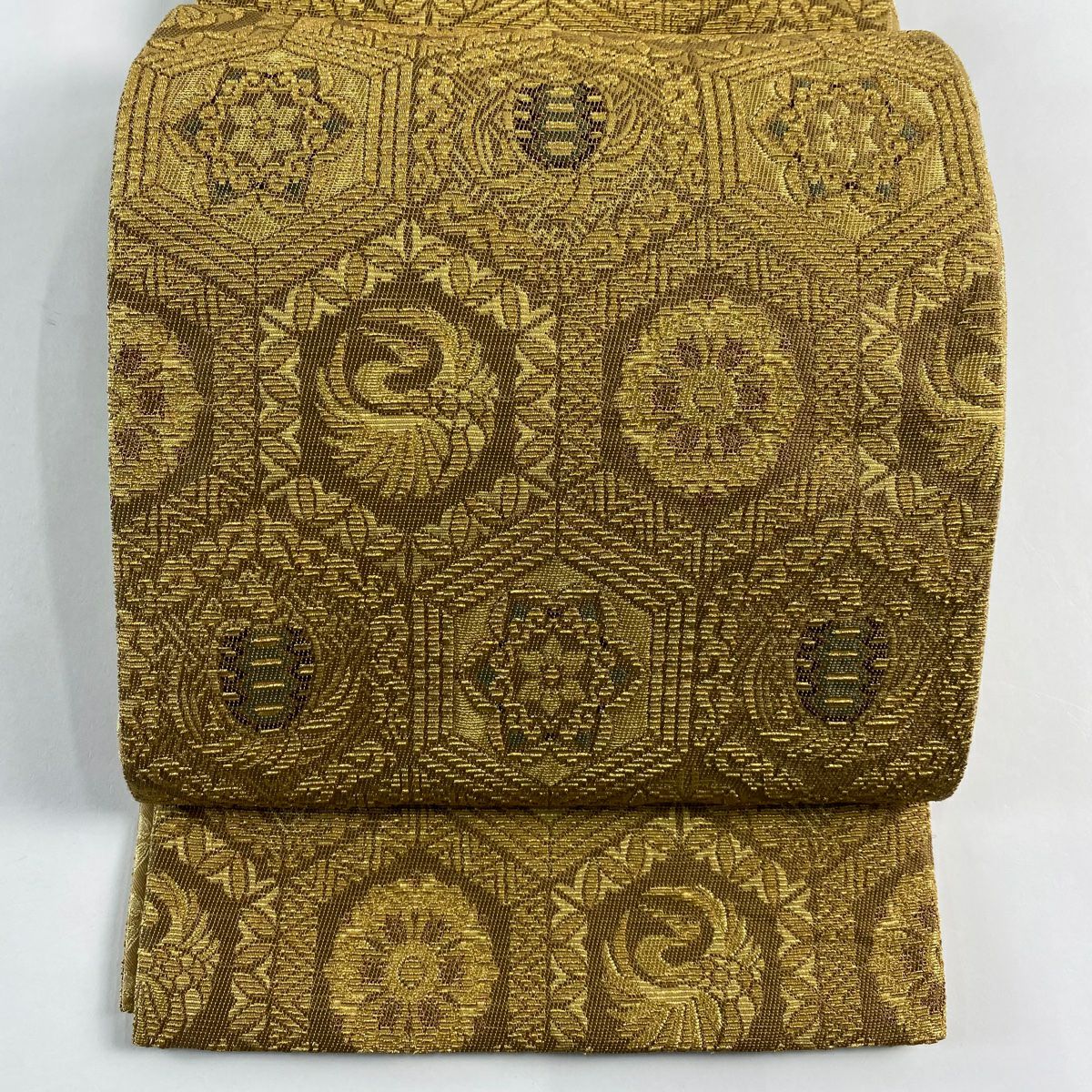 袋帶 名品級 龜甲 花鳥 金絲 山吹茶 純蠶絲