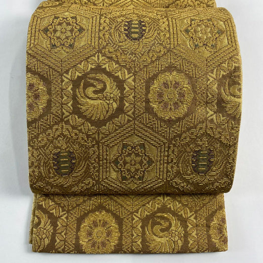 袋帶 名品級 龜甲 花鳥 金絲 山吹茶 純蠶絲