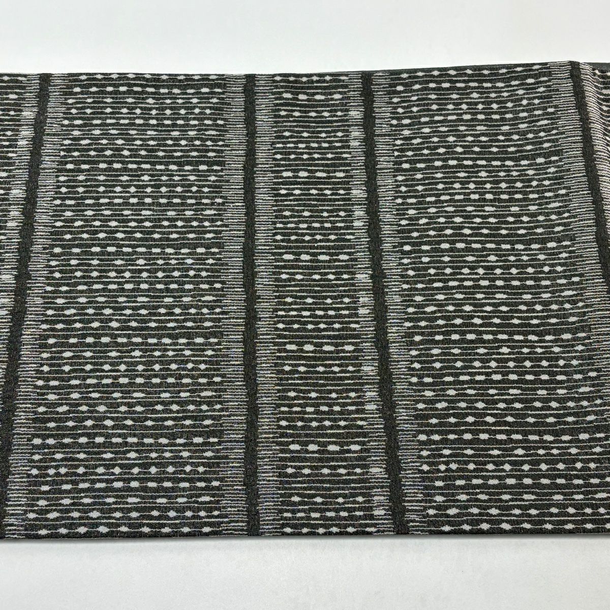 【美品】 袋帶 名品級 橫段 幾何學 銀線 黑灰 全通 純蠶絲