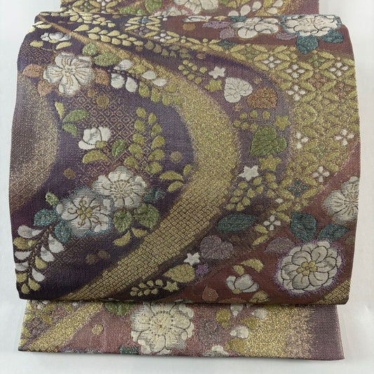 袋帶 名品級 大和 草花紋 紋 流水 金金箔 金絲 灰紫 全通 純蠶絲