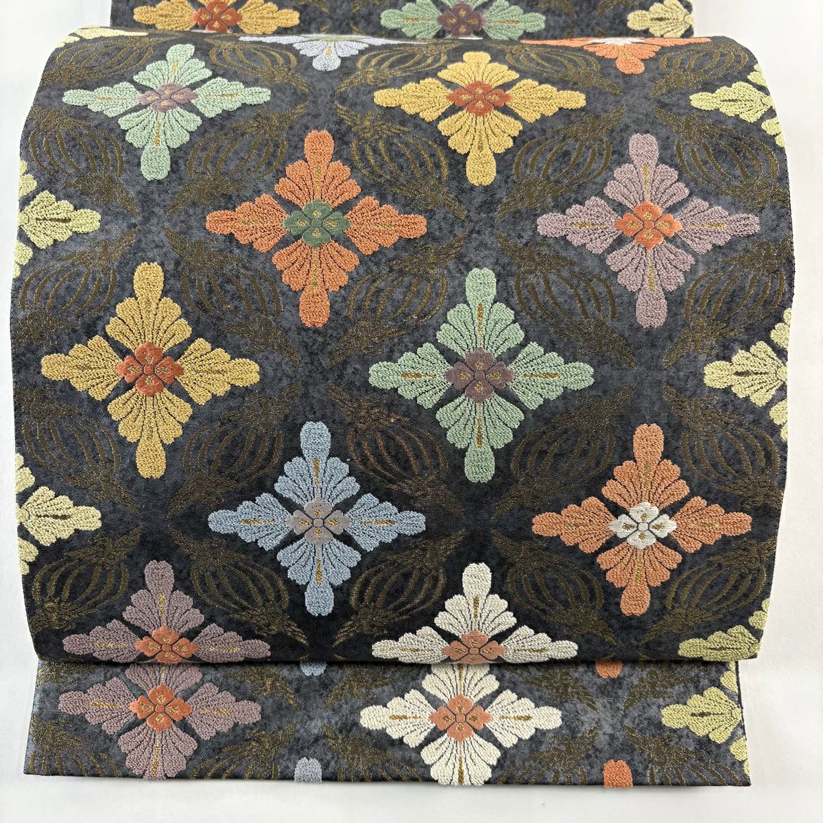 【美品】 袋帶 名品級 花菱 鳥 金金箔 金絲 青灰 六通 純蠶絲