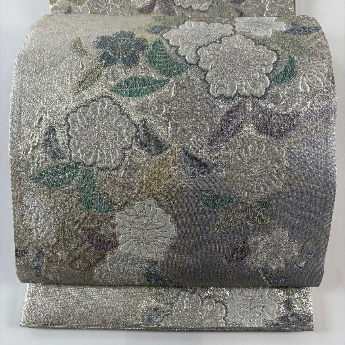 袋帶 名品級 草花紋紋 金金箔 銀線 銀 六通 純蠶絲