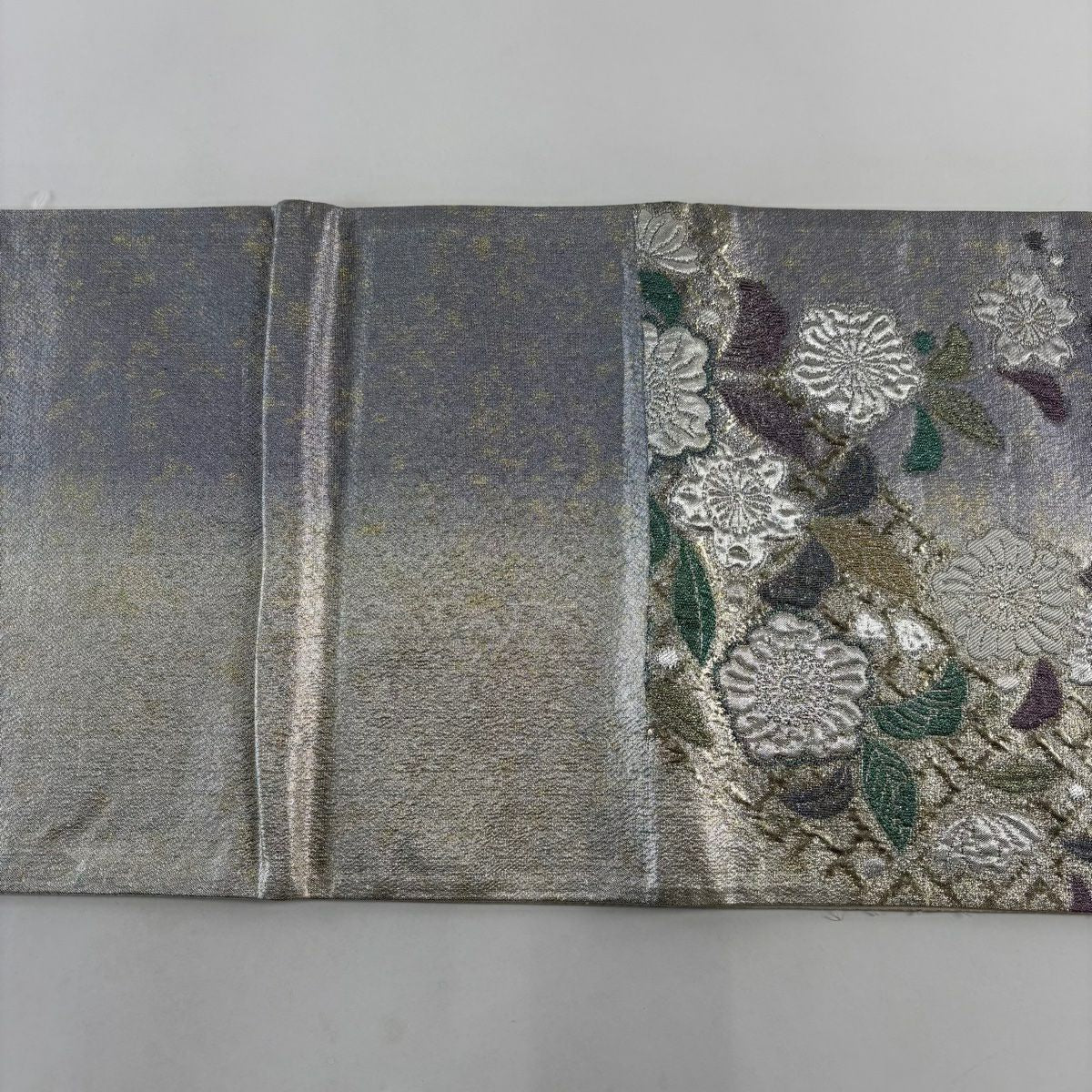 袋帶 名品級 草花紋紋 金金箔 銀線 銀 六通 純蠶絲