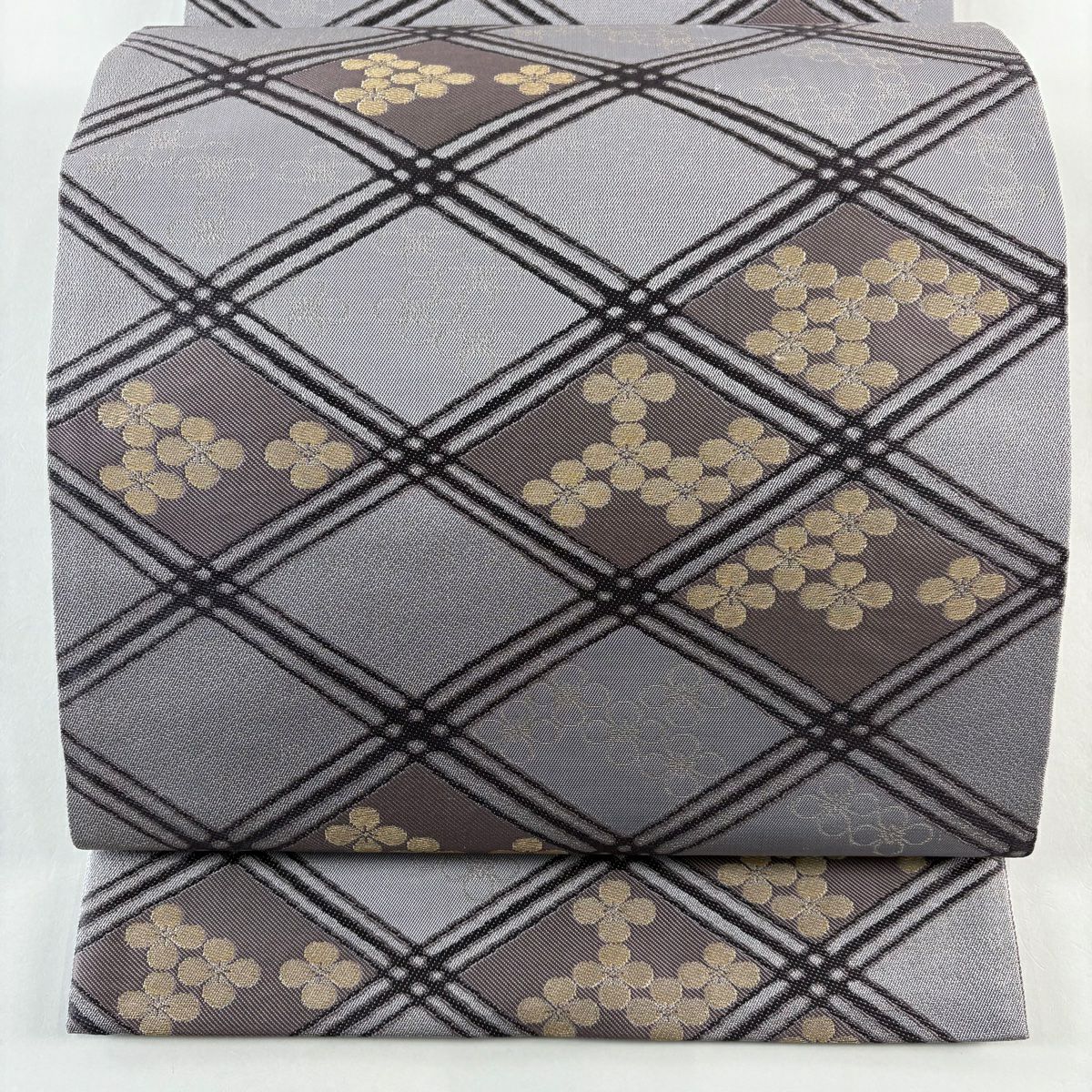 【美品】 袋帶 名品級 菱花 金絲 淺紫 六通 純蠶絲