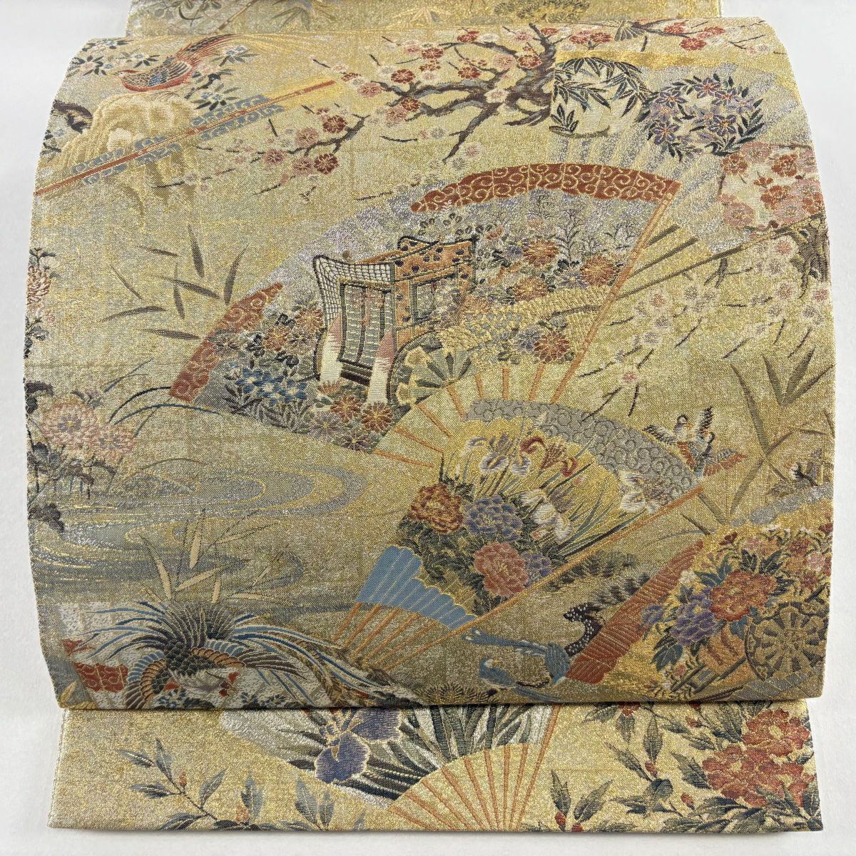 【美品】 袋帶 逸品級 分析通知書附 桃山扇子面屏風紋 金金箔 金色 大鼓圖案 純蠶絲
