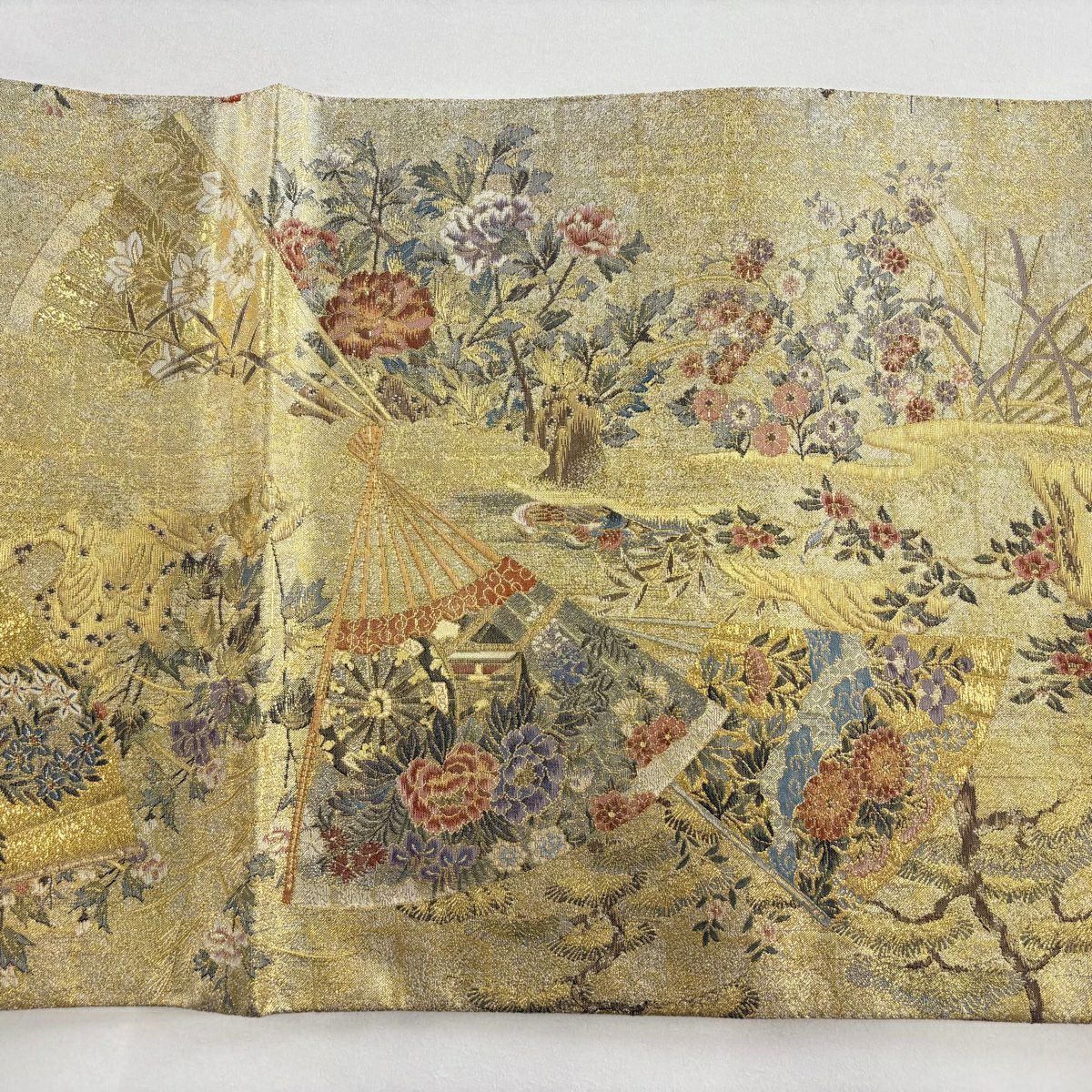 【美品】 袋帶 逸品級 分析通知書附 桃山扇子面屏風紋 金金箔 金色 大鼓圖案 純蠶絲
