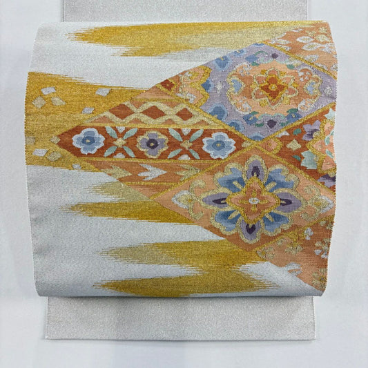 【美品】 名古屋帶 秀品級 松樹葉仕立 八寸名古屋帶 華紋 霞 金銀糸 灰白 純蠶絲