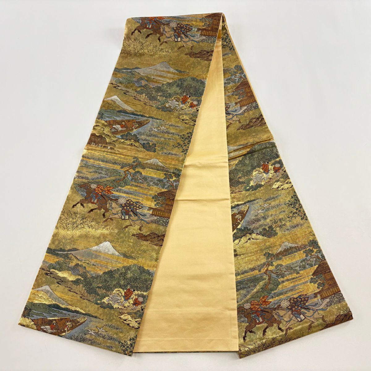 【美品】 袋帶 秀品級 風景 船 金金箔 金色 六通 純蠶絲
