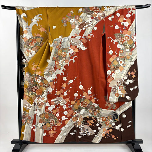 振袖禮服 身長158.5cm 袖長68cm L 雙層 扇子面 草花紋紋 金絲 金銀彩 茶 純蠶絲 名品級