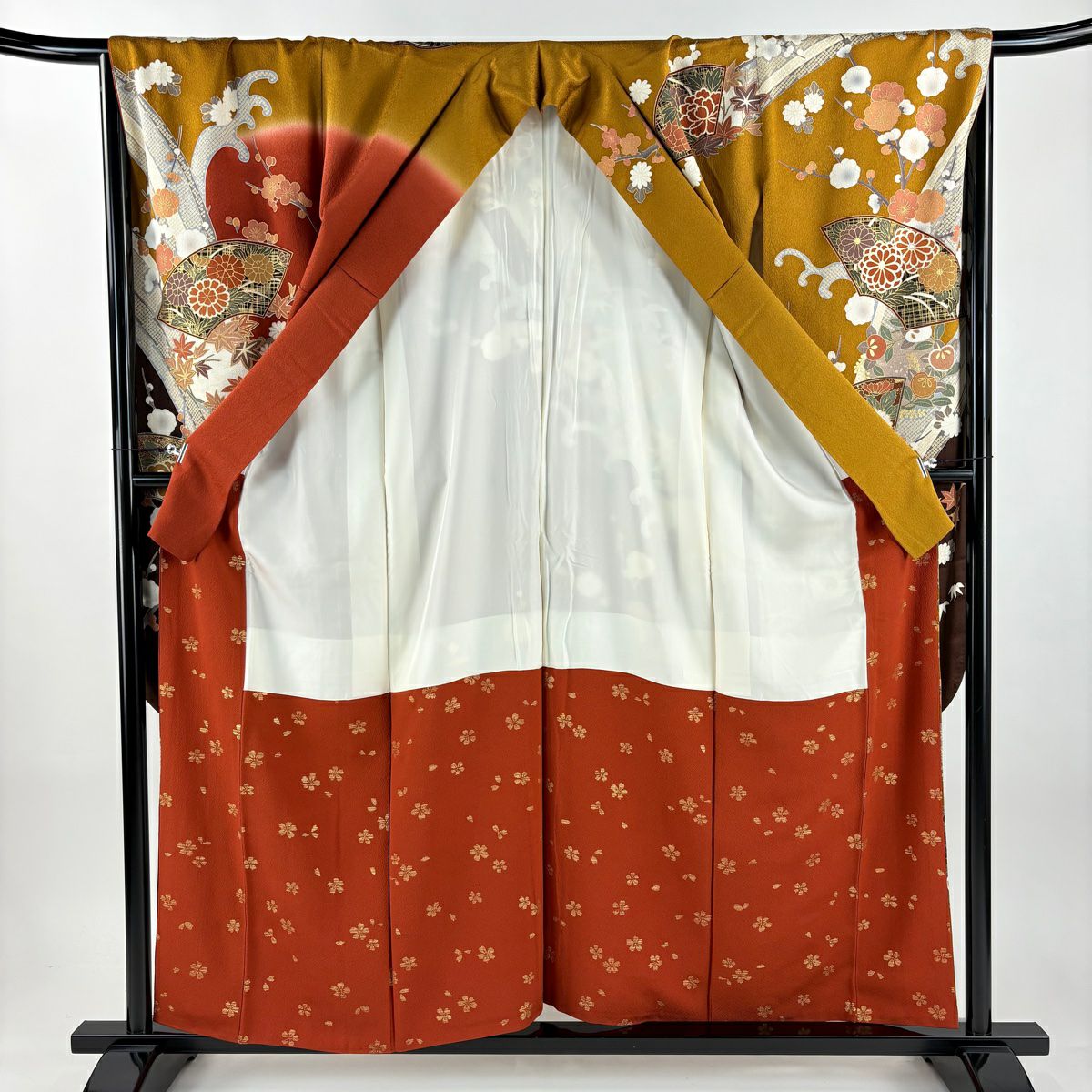 振袖禮服 身長158.5cm 袖長68cm L 雙層 扇子面 草花紋紋 金絲 金銀彩 茶 純蠶絲 名品級