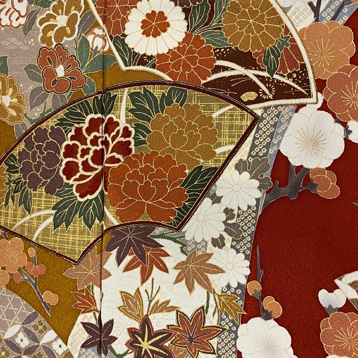 振袖禮服 身長158.5cm 袖長68cm L 雙層 扇子面 草花紋紋 金絲 金銀彩 茶 純蠶絲 名品級