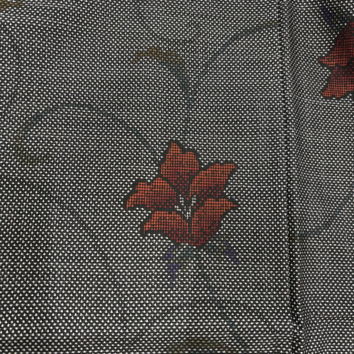 【美品】 大島紬織 身長158.5cm 袖長61.5cm S 雙層 證書附帶 花唐草紋 黑灰 純蠶絲 優品級
