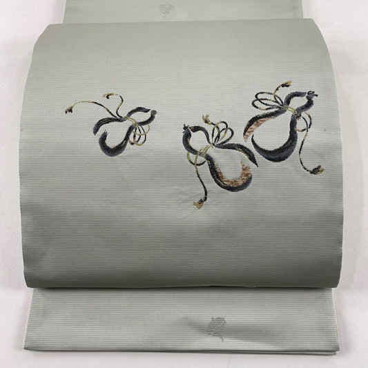 袋帶 秀品級 瓢箪 小紋 金金箔 淺綠 大鼓圖案 純蠶絲