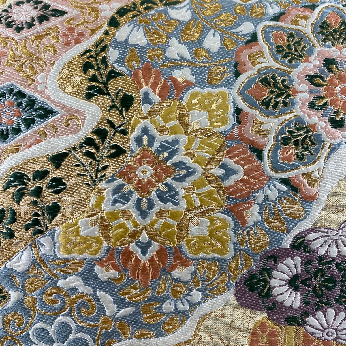 【美品】 袋帶 秀品級 華紋 波 金絲 米色 六通 純蠶絲