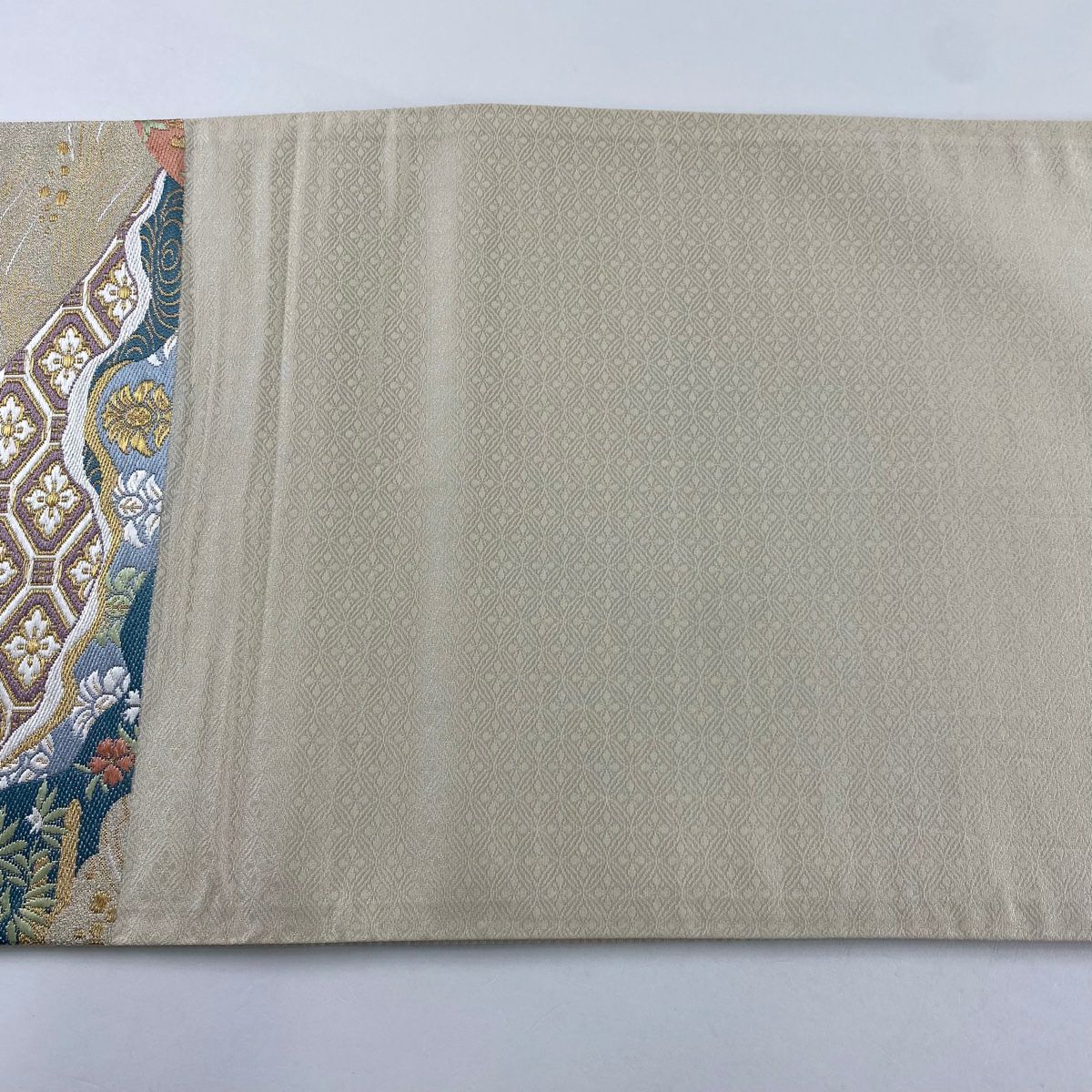 【美品】 袋帶 秀品級 華紋 波 金絲 米色 六通 純蠶絲