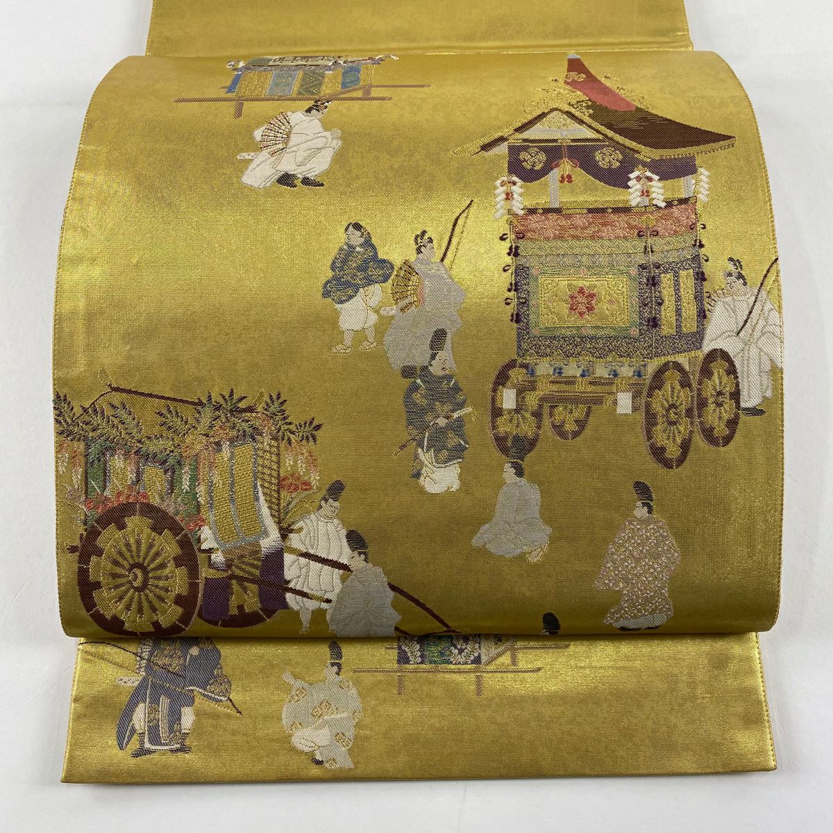【美品】 袋帶 秀品級 山鉾 人物 金金箔 金絲 金色 大鼓圖案 純蠶絲