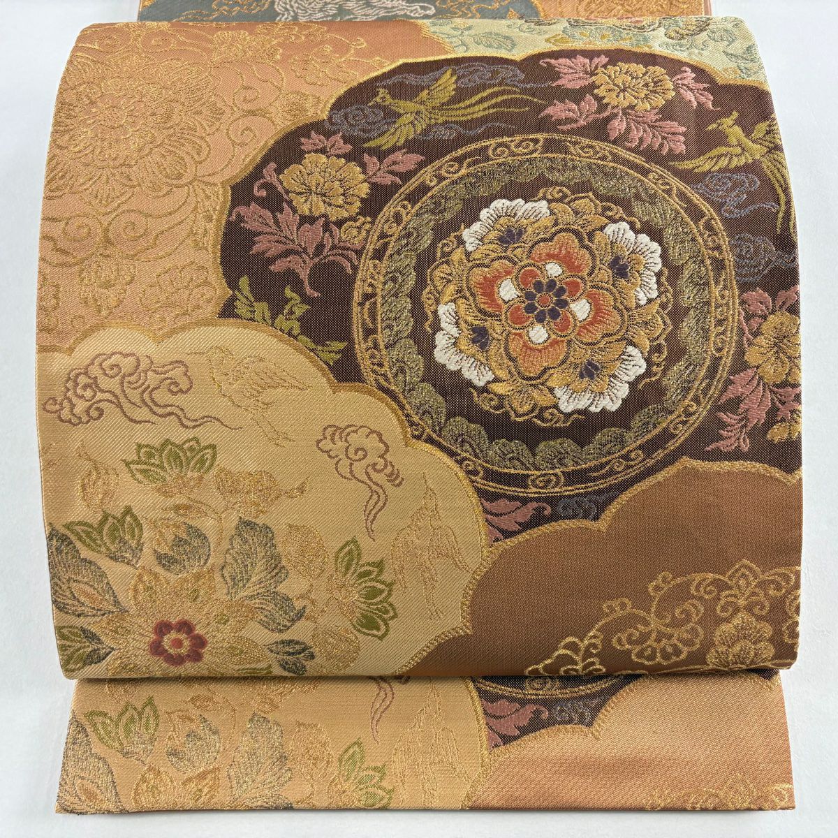 【美品】 袋帶 秀品級 華紋 鳥 金絲 金金箔 茶 六通 純蠶絲