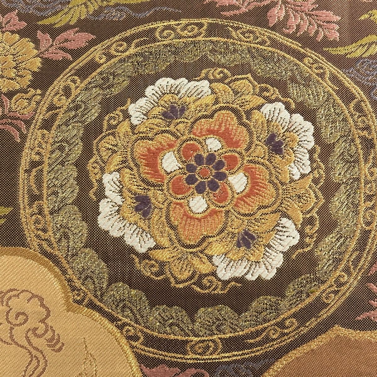 【美品】 袋帶 秀品級 華紋 鳥 金絲 金金箔 茶 六通 純蠶絲