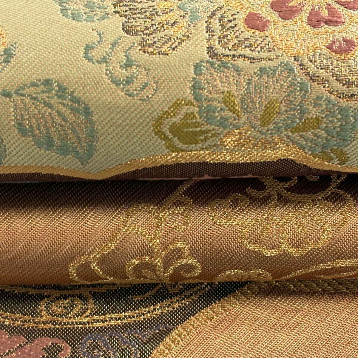 【美品】 袋帶 秀品級 華紋 鳥 金絲 金金箔 茶 六通 純蠶絲