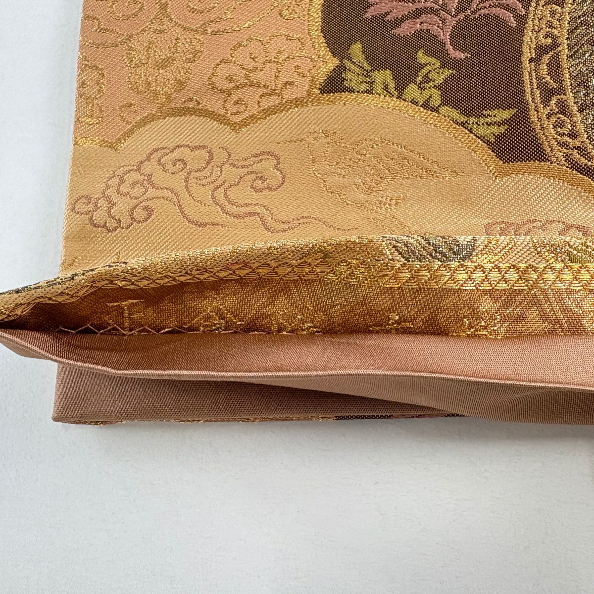 【美品】 袋帶 秀品級 華紋 鳥 金絲 金金箔 茶 六通 純蠶絲