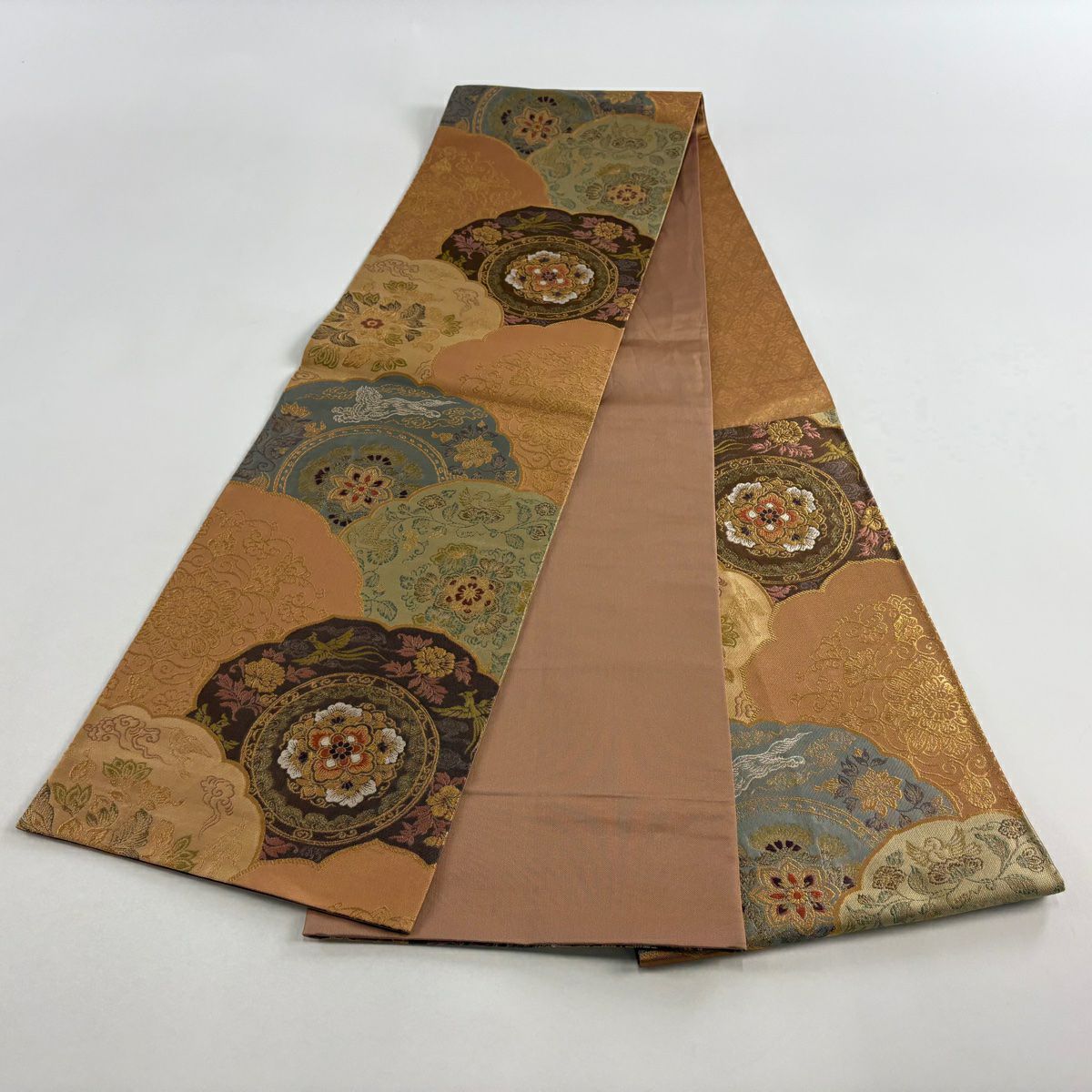【美品】 袋帶 秀品級 華紋 鳥 金絲 金金箔 茶 六通 純蠶絲