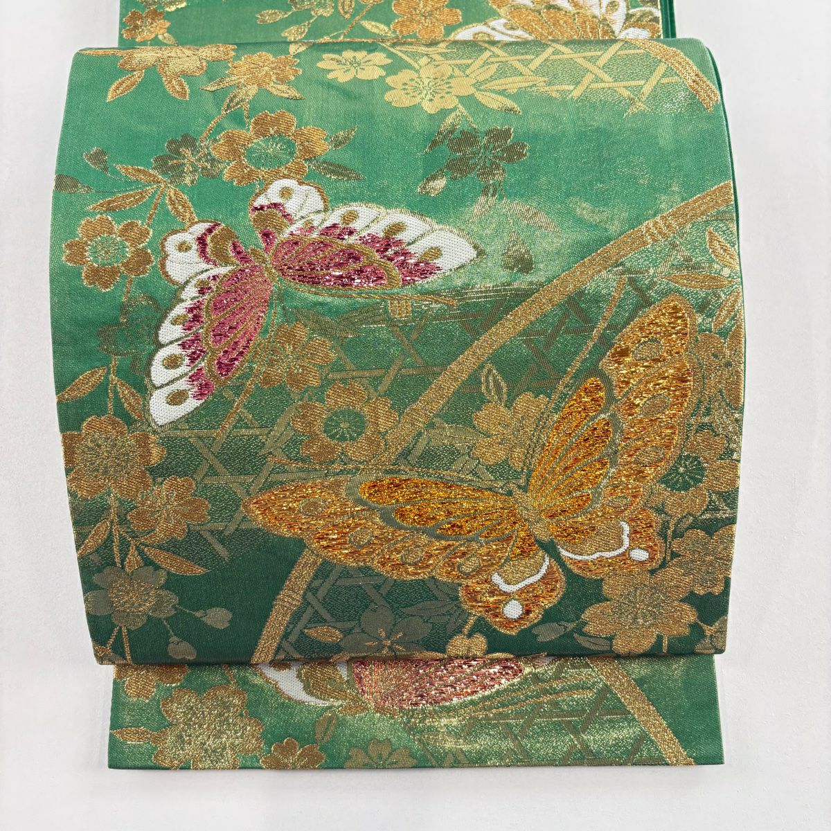 袋帶 秀品級 蝶 櫻花 金金箔 綠 六通 純蠶絲