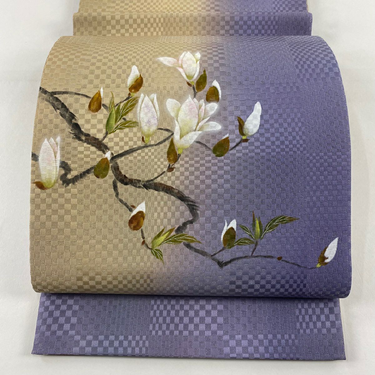 【美品】 袋帶 秀品級 有落款 枝花 銀線 漸層 灰紫 大鼓圖案 純蠶絲