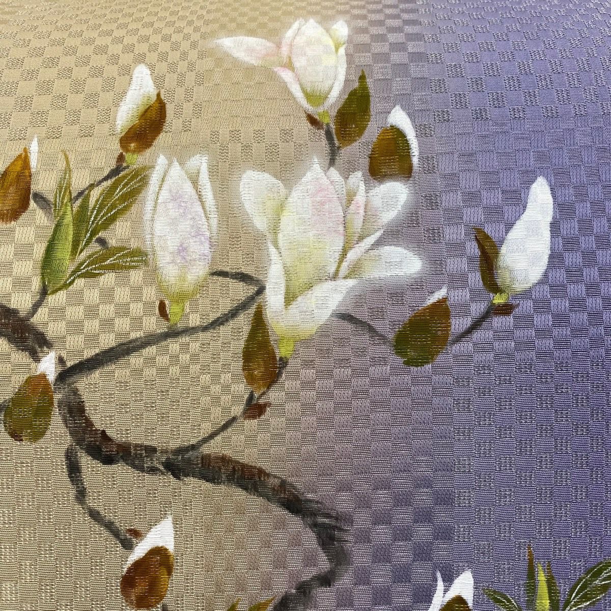 【美品】 袋帶 秀品級 有落款 枝花 銀線 漸層 灰紫 大鼓圖案 純蠶絲