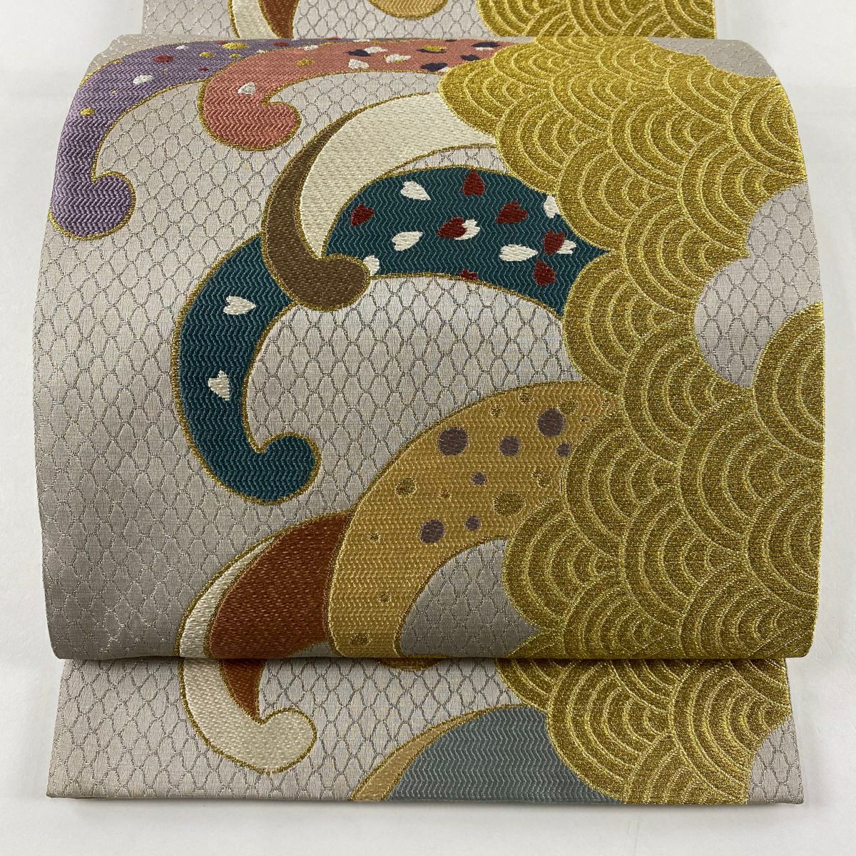【美品】 袋帶 秀品級 落款あり 波 青海波 金銀糸 灰色 六通 純蠶絲