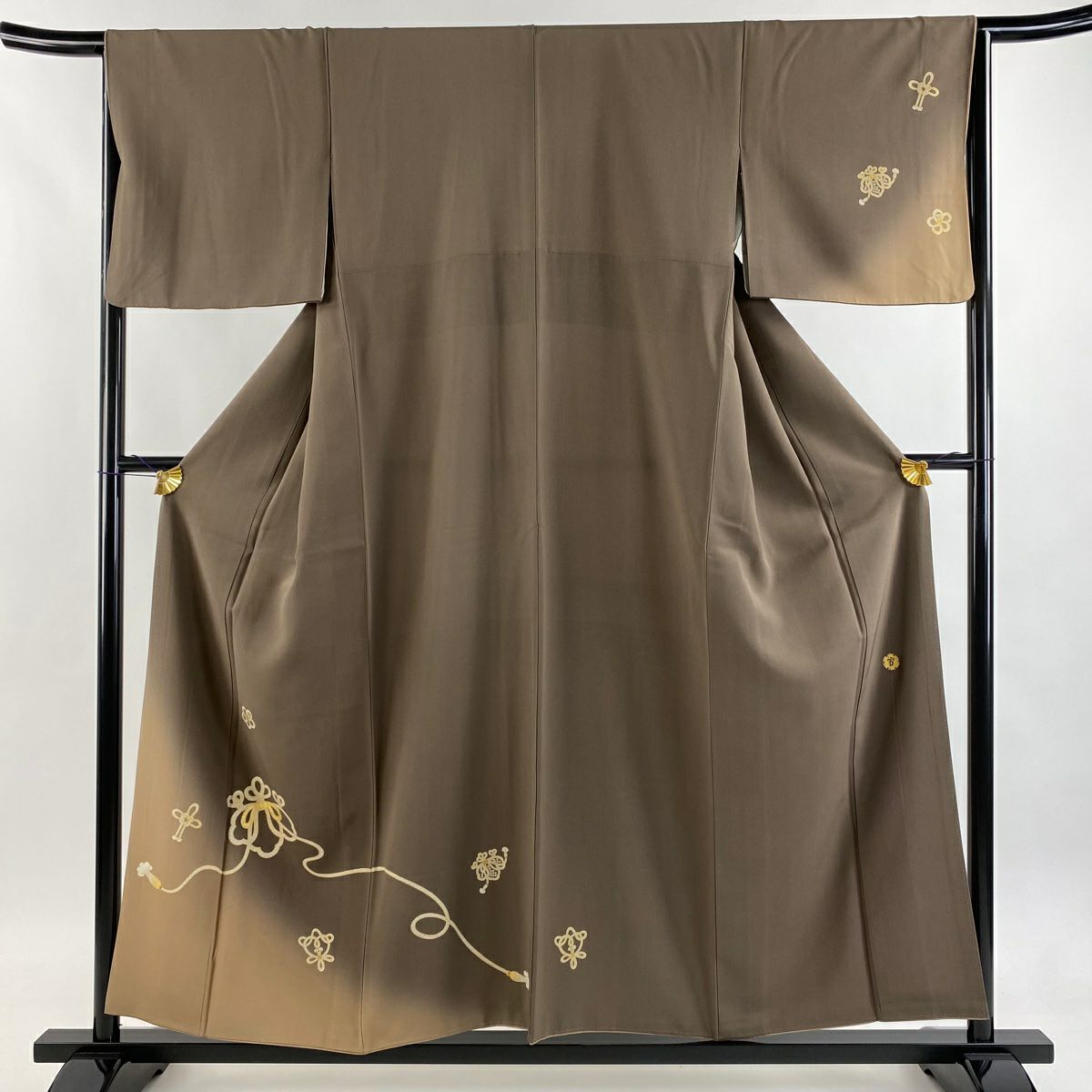 【美品】 付下 身長155cm 袖長65cm M 雙層 渡邊雪三郎 落款あり 組紐 金銀彩 漸層 灰茶 純蠶絲 逸品級