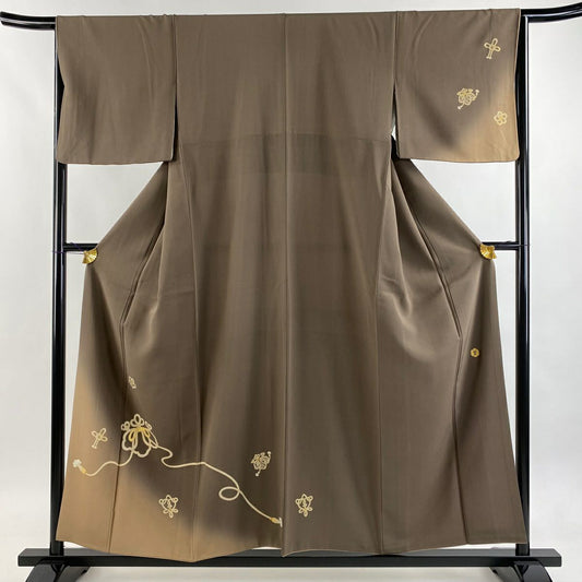 【美品】 付下 身長155cm 袖長65cm M 雙層 渡邊雪三郎 落款あり 組紐 金銀彩 漸層 灰茶 純蠶絲 逸品級