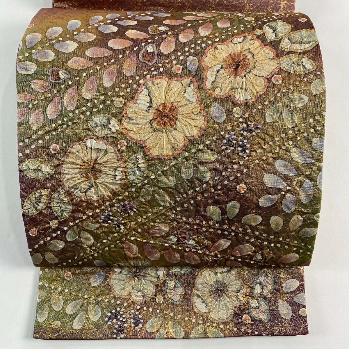 【美品】 袋帶 名品級 落款あり 辻花染 格子 金金箔 粉紅 お太鼓柄 純蠶絲