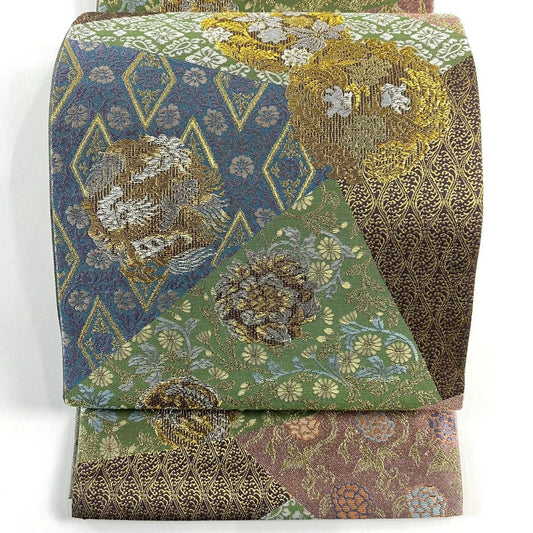 【美品】 袋帶 名品級 向鳥 花唐草紋 金銀線 金金箔 茶紫 六通 純蠶絲