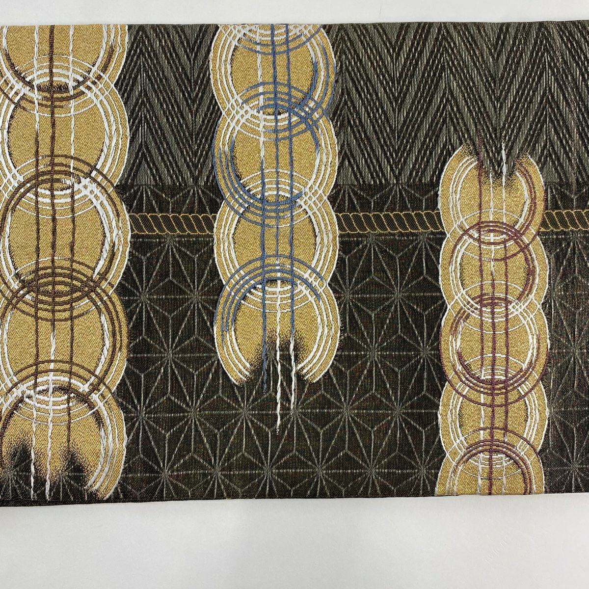 【美品】 袋帶 名品級 圓文 幾何圖案 金絲 金金箔 灰茶 六通 純蠶絲