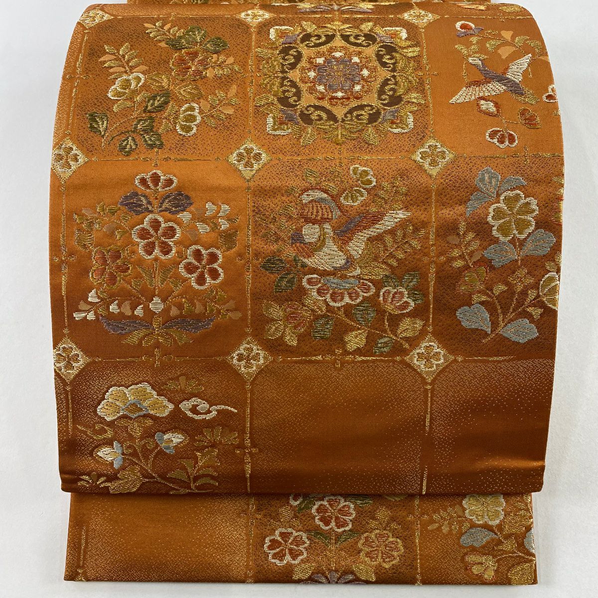 【美品】 袋帶 秀品級 華紋 花鳥 金絲 金金箔 橙色 六通 純蠶絲