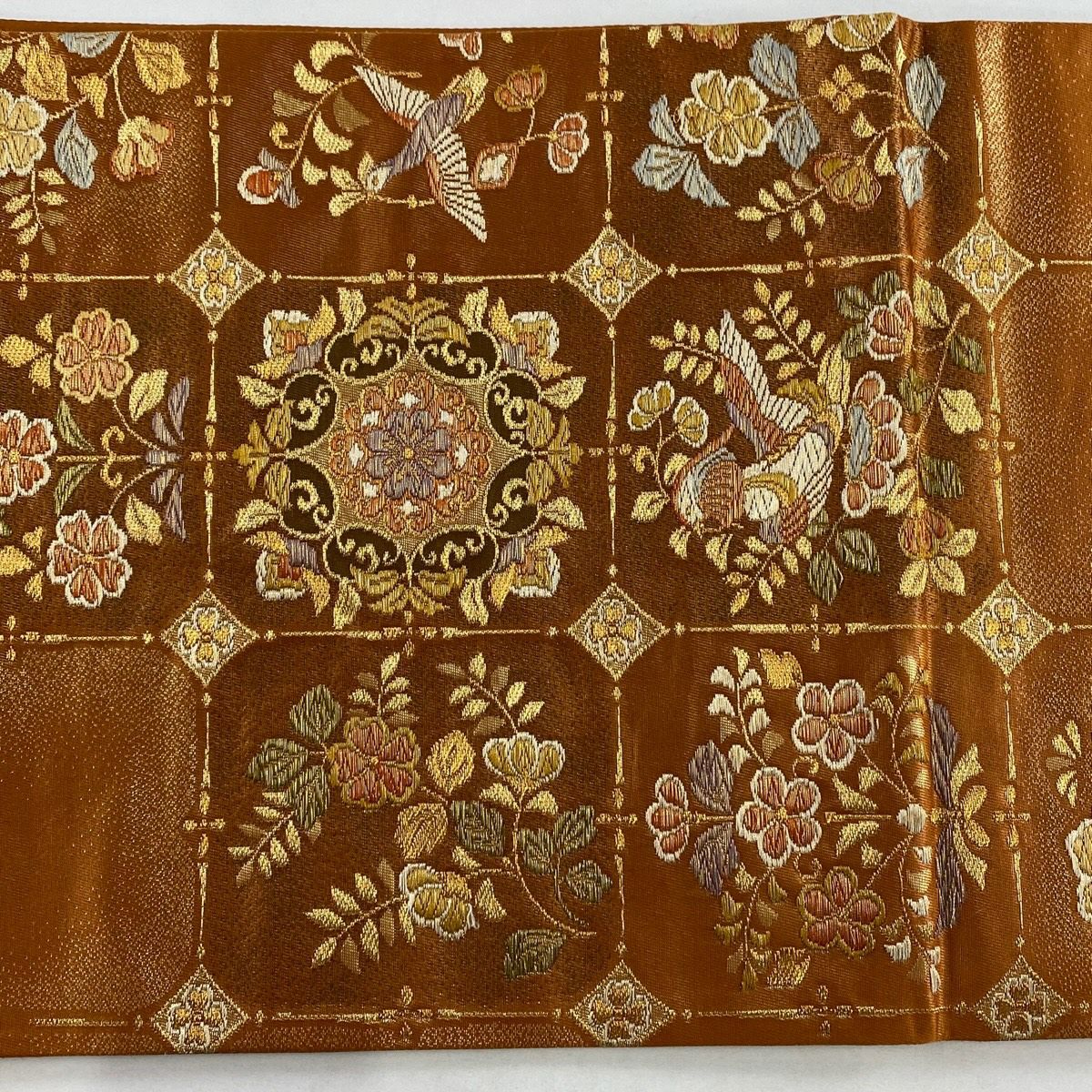 【美品】 袋帶 秀品級 華紋 花鳥 金絲 金金箔 橙色 六通 純蠶絲